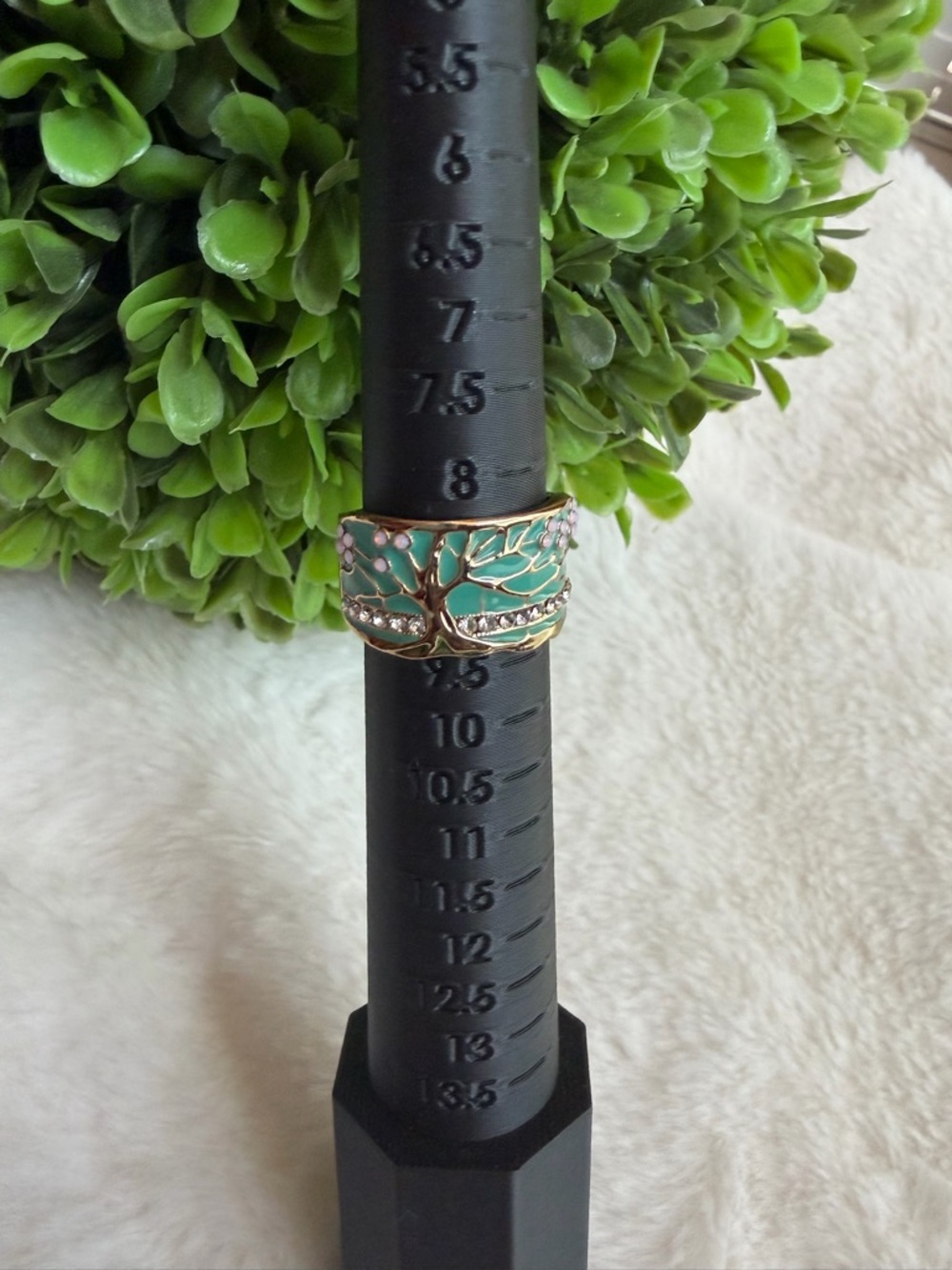 Gold-Tone Green Enamel Leaf Band Ring with Crystals - Women Jewelry